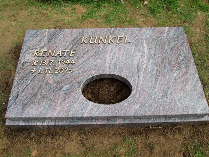 Grabmal Nr. 45: Grababdeckplatte aus rötlich gemasertem Granit mit rundem Pflanzausschnitt und Bronzeschrift