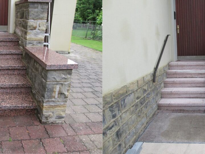 Hauseingang nachher (links) und vorher (rechts): erneuerte Treppe mit Granitstufen