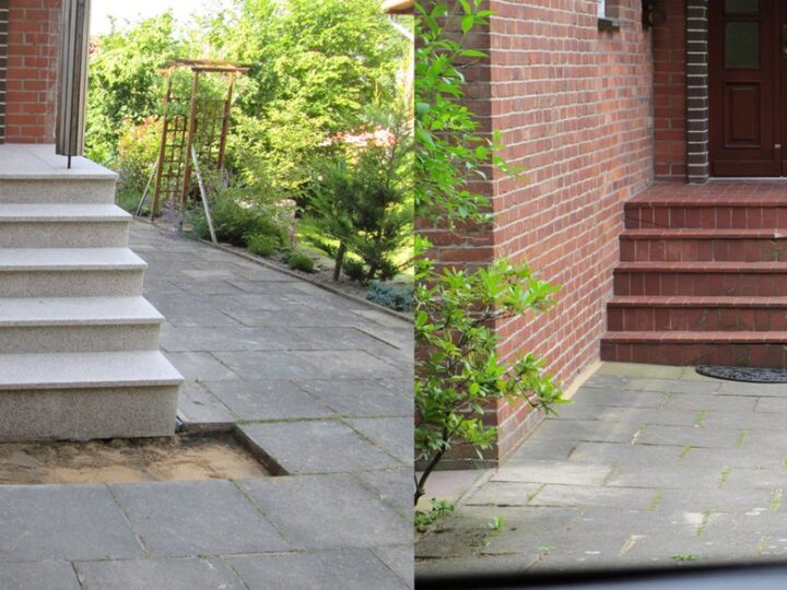 Hauseingang nachher (links) und vorher (rechts): neue Blockstufen aus hellem Granit